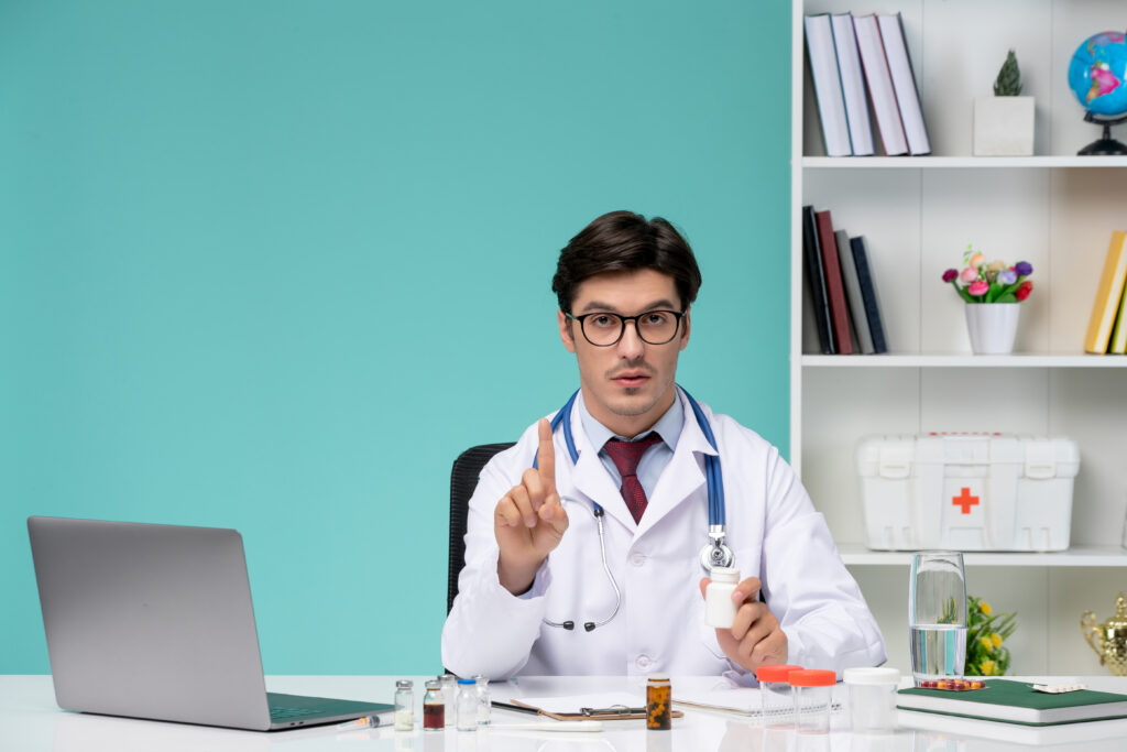 College Tour medical working remotely computer serious cute smart doctor lab coat explaining illness