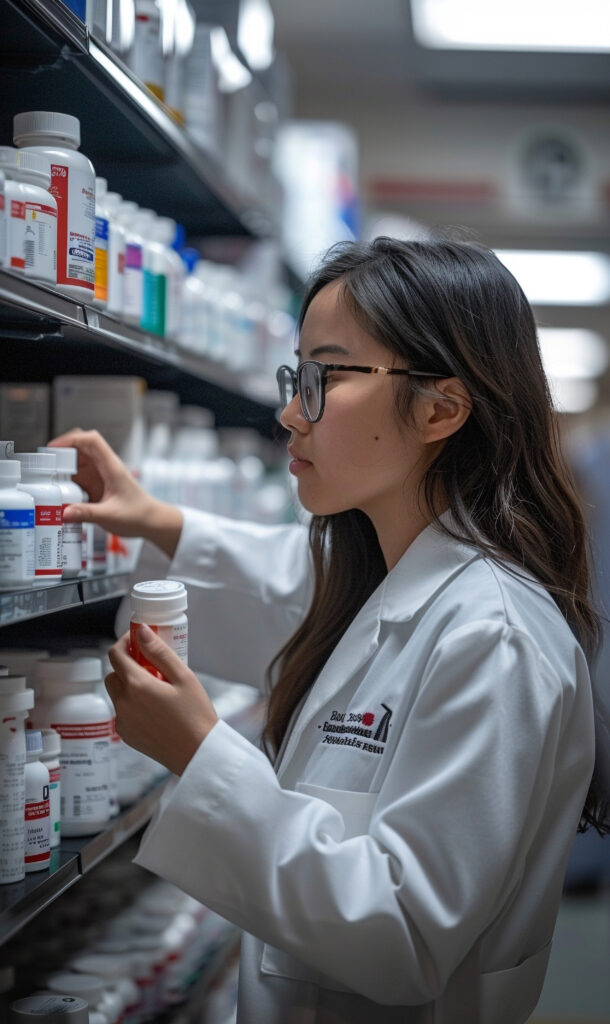 Home portrait female pharmacist working drugstore